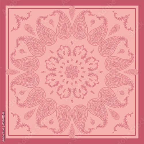 Monochrome pink scarf or bandana design with paisley mandala pattern and floral elements. Ethnic carpet design.