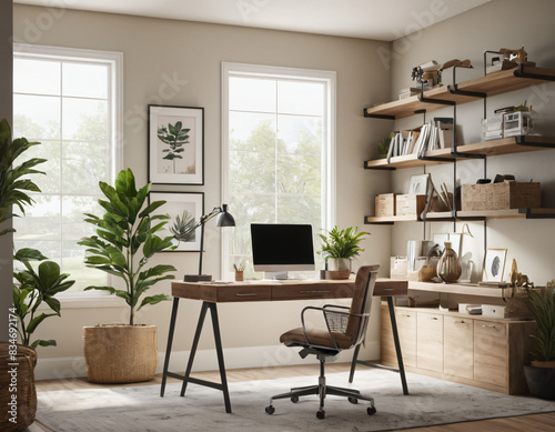  a high-quality 3D render of a stylish and functional home office. Incorporate a sleek desk, an ergonomic chair, and ample storage solutions like shelves and cabinets.