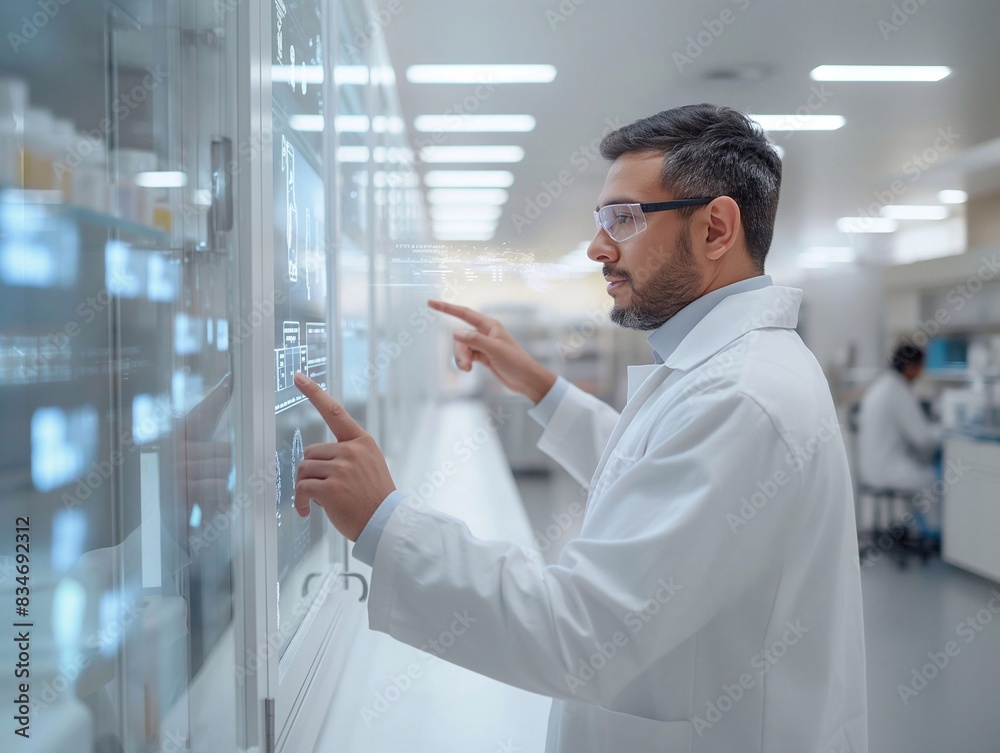 A pharmacist is using holographic graphics in a research room. generative ai art A pharmacist is using holographic graphics in a research room. generative ai art