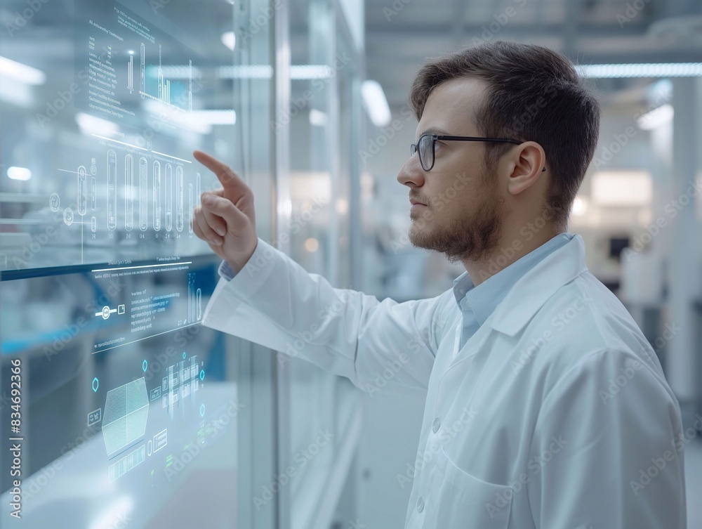 A pharmacist is using holographic graphics in a research room. generative ai art