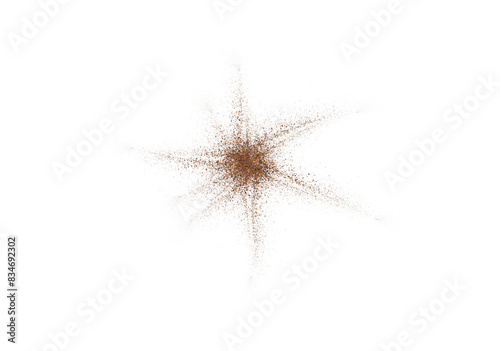 Coffee or chocolate powder, flying dust particles. Coffee colored dust grain texture star shape white background. Crushed granules of sand or brown cane sugar. Vector illustration of spilled powder.