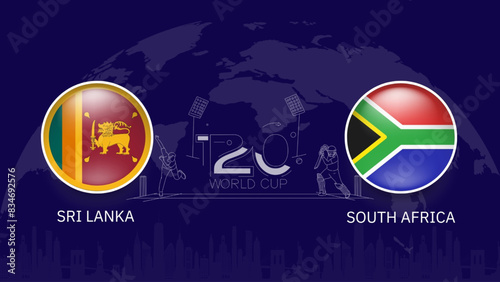 sri lanka vs south Africa flag, world map and building skyline use for t20 cricket world cup template banner design