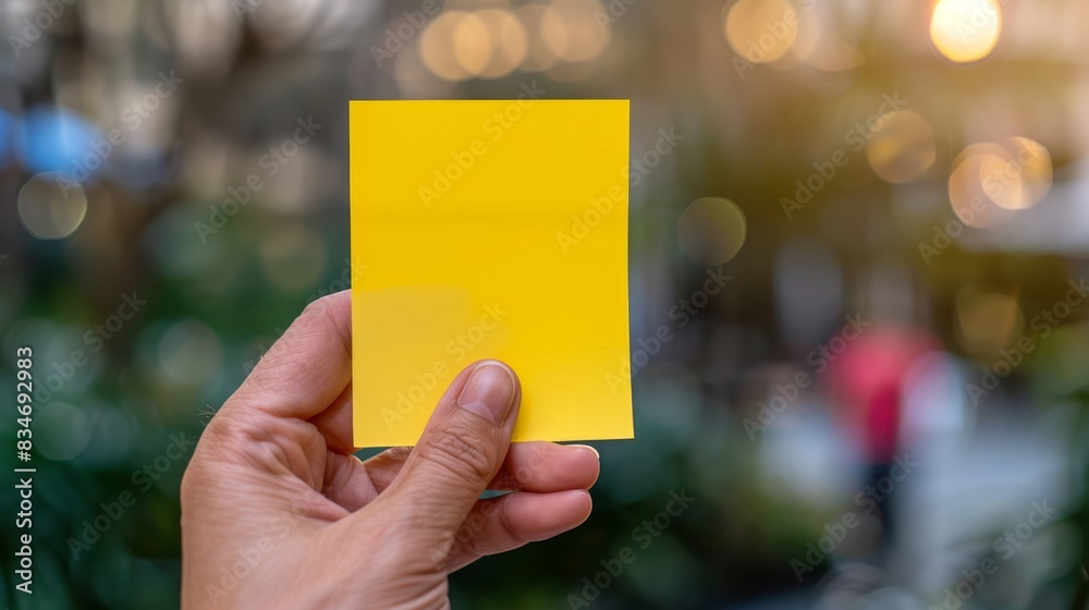 A hand holds a yellow sheet of paper against a backdrop of an out-of-focus building and a green plant, situated in the foreground A hand holds a yellow sheet of paper against a backdrop of an out-of-focus building and a green plant, situated in the foreground