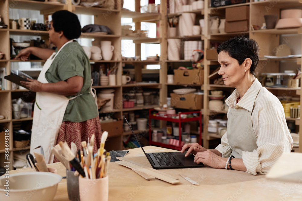 Side view portrait of smiling senior woman using laptop in art studio and managing small business copy space Side view portrait of smiling senior woman using laptop in art studio and managing small business copy space