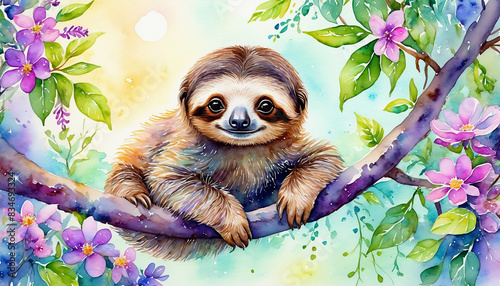Cute sloth on branch in the forest, watercolor painting style, generative AI.