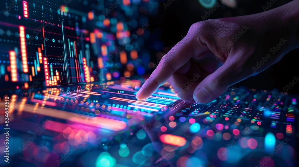 A hand touching digital graphs and charts on an interactive tablet, with holographic data visualizations in the background representing market trends or financial growth, set against a dark backdrop A hand touching digital graphs and charts on an interactive tablet, with holographic data visualizations in the background representing market trends or financial growth, set against a dark backdrop