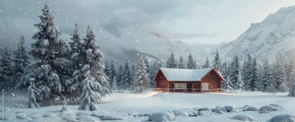 Mountain Cabin Exterior With Snowy Landscape, Pine Trees, Cozy Feel, Minimalist Landscape Style, Cool Blues And Whites, Soft Snowfall Mountain Cabin Exterior With Snowy Landscape, Pine Trees, Cozy Feel, Minimalist Landscape Style, Cool Blues And Whites, Soft Snowfall