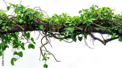 Fototapeta Naklejka Na Ścianę i Meble -  Messy jungle vines liana plant climbing hanging on jungle tree trunk and twisted around tree branch, isolated on white background