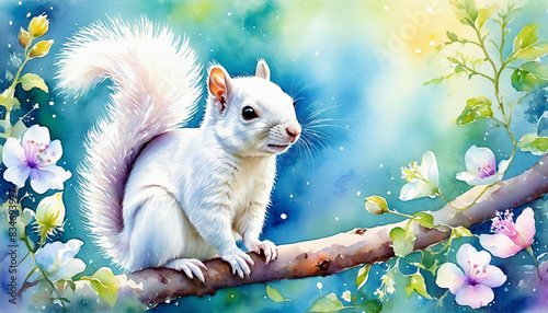 White squirrel on branch in the forest, watercolor painting style, generative AI.