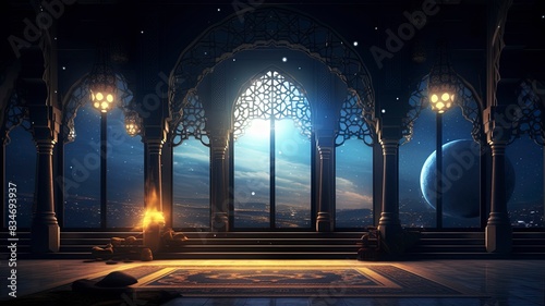 Moon light shine through the window into islamic mosque interior. Ramadan Kareem islamic background, generative ai