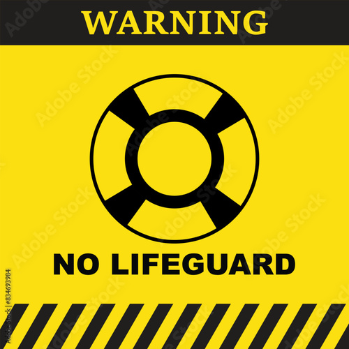 Warning symbol on yellow background with life saver and text no lifeguard