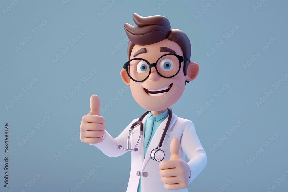 A cheerful 3D cartoon doctor with a stethoscope around the neck