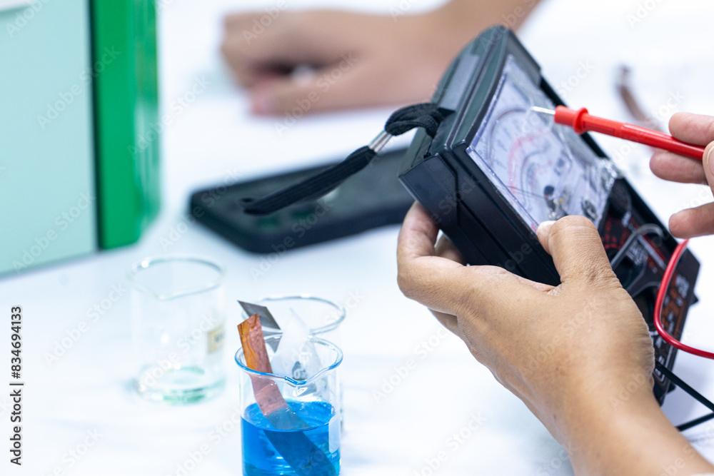 Electroplating experiment in chemistry laboratory. Electroplating experiment in chemistry laboratory.