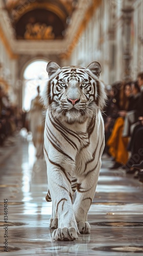 A white tiger walks down a runway. AI.