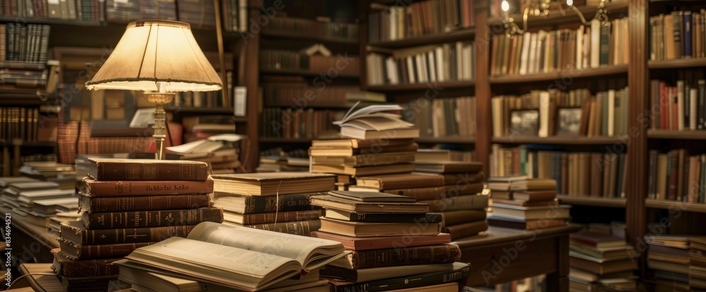 Old Bookstore Interior With Stacks Of Books, Reading Nooks, Antique Lamps, Nostalgic Feel, Vintage-Inspired Illustration Style, Sepia Tones, Soft Ambient Lighting