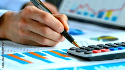 A financial workspace with two people discussing over an open notebook, one person holding a pen and calculator in hand while the other is presenting charts on a whiteboard in the background of an