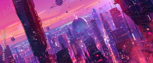 Space Colony With Futuristic Buildings, Spaceports, Bustling Activity, Sci-Fi Atmosphere, Digital Art Style, Vibrant Neon Palette, Ambient Glow photo