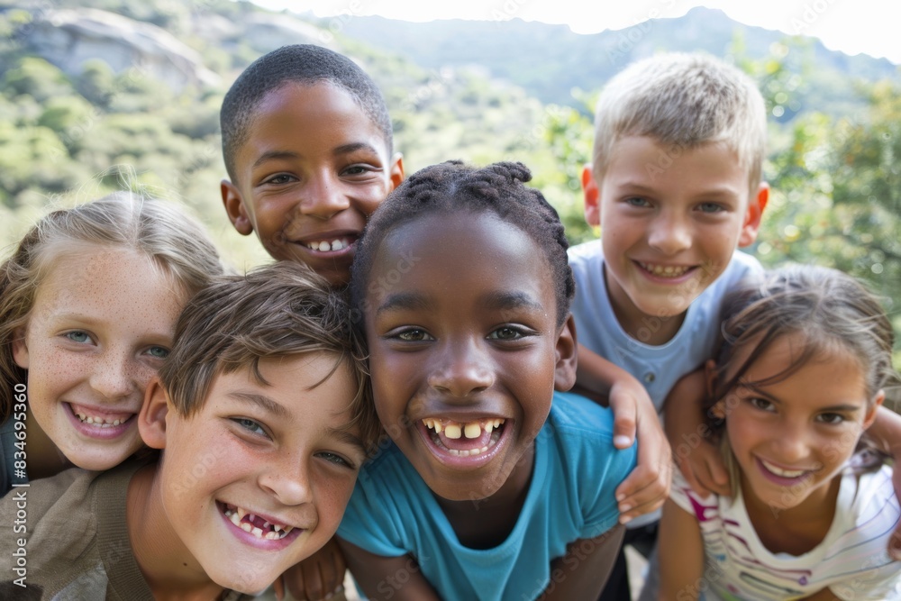 Portrait of group of happy children smiling at camera on a sunny day Portrait of group of happy children smiling at camera on a sunny day