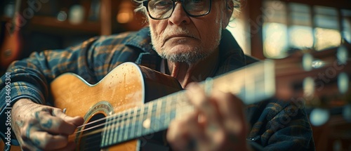 Close-up of a senior man playing an acoustic guitar. AI. photo