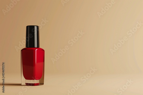 Red nail polish bottle mockup, beige background © Andrii Fanta