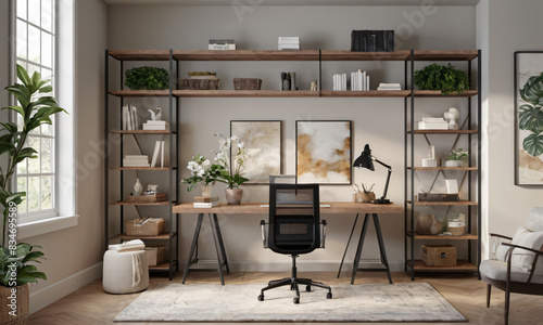  a high-quality 3D render of a stylish and functional home office. Incorporate a sleek desk, an ergonomic chair, and ample storage solutions like shelves and cabinets
