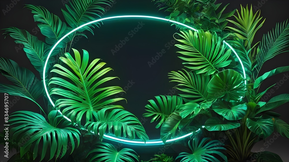 Fototapeta premium Green and Blue Neon Light with Tropical Leaves