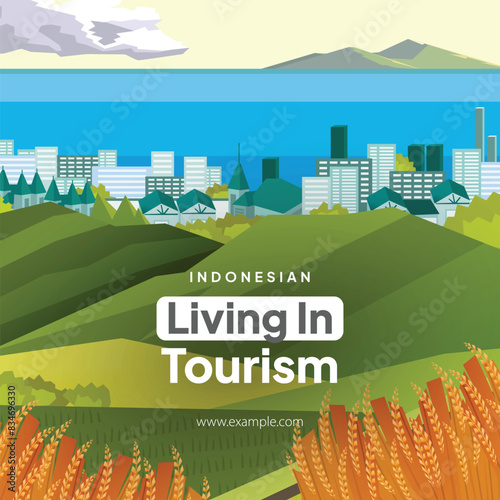 Living in tourism scenery illustration design idea flat style