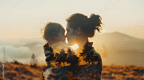 Motherhood concept image with mother carrying her child letting see a beautiful landscape on white background