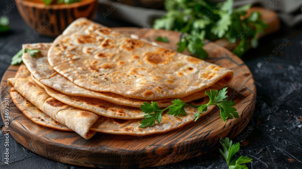 A stack of tortillas atop a wooden cutting board, nearby sits a bowl of cilantro and a green garnish A stack of tortillas atop a wooden cutting board, nearby sits a bowl of cilantro and a green garnish