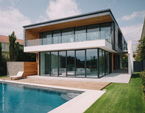 La casa di design presenta una piscina con bordo a cascata, aggiungendo un elemento dinamico e rilassante al giardino.  © Nicola