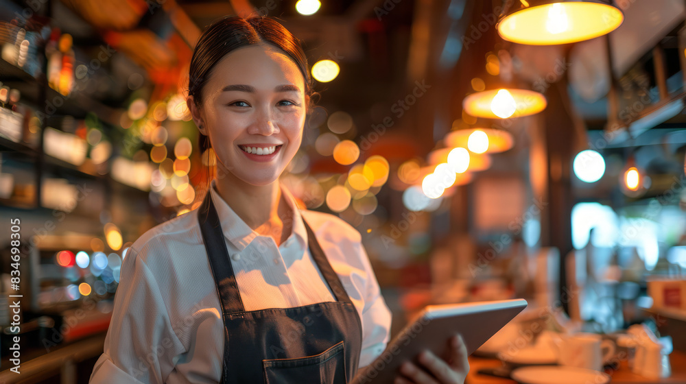Obraz premium Female entrepreneur wearing an apron holding a tablet smiles happily