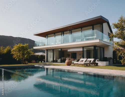 Una residenza contemporanea con tetto verde presenta una piscina con bordo a sfioro  offrendo una vista panoramica sul mare. 