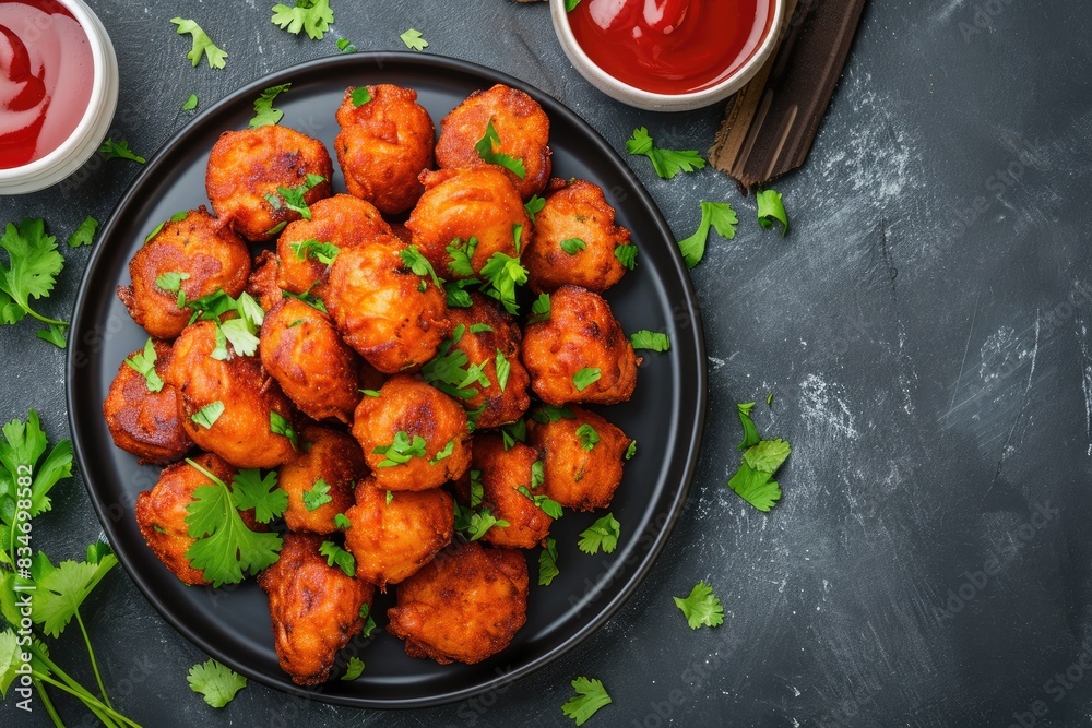 Potato pakoras with red chili sauce Potato pakoras with red chili sauce