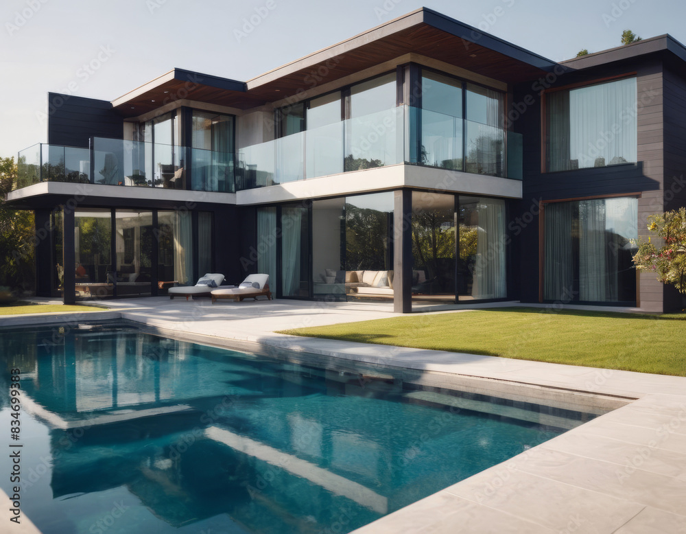 La piscina a forma libera di una casa di design è circondata da un giardino tropicale, creando un'oasi di tranquillità.
