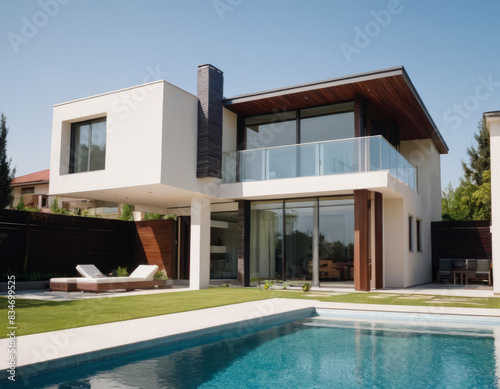 Una villa moderna con pareti in vetro e acciaio si apre su una piscina con angolo bar, ideale per ricevimenti all'aperto.
