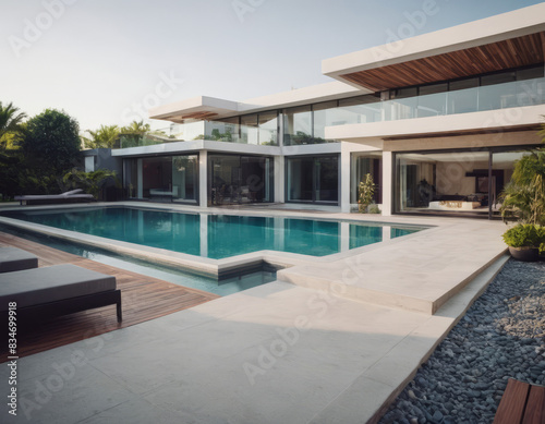 La piscina rettangolare di una casa minimalista    circondata da un deck in legno  con lettini e ombrelloni per il relax. 