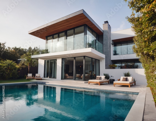 Una villa con facciata in cemento grezzo si affaccia su una piscina con bordo a sfioro, integrandosi perfettamente nel paesaggio.

