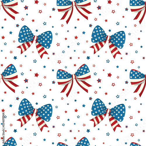 American patriotic bow seamless pattern for Independence day celebration. Isolated on white background. 4th of July holiday decor