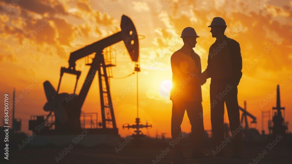 Two men are standing in front of a large oil rig, shaking hands Two men are standing in front of a large oil rig, shaking hands