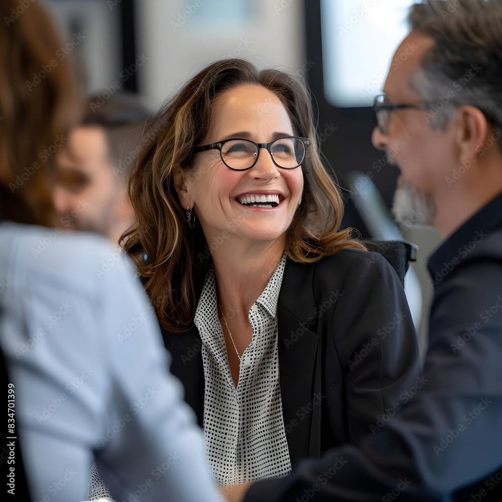a smiling businesswoman in a meeting with office members while talking happily a smiling businesswoman in a meeting with office members while talking happily