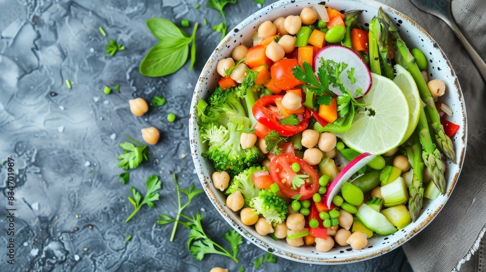  A bowl overflowing with vegetables and chickpeas atop a blue tablecloth Nearby, a spoon and napkin rest in readiness on the gray surface beside the bowl