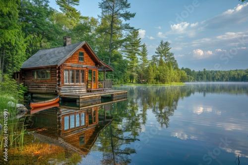 A peaceful lakeside retreat with a wooden cabin  dock  and calm waters
