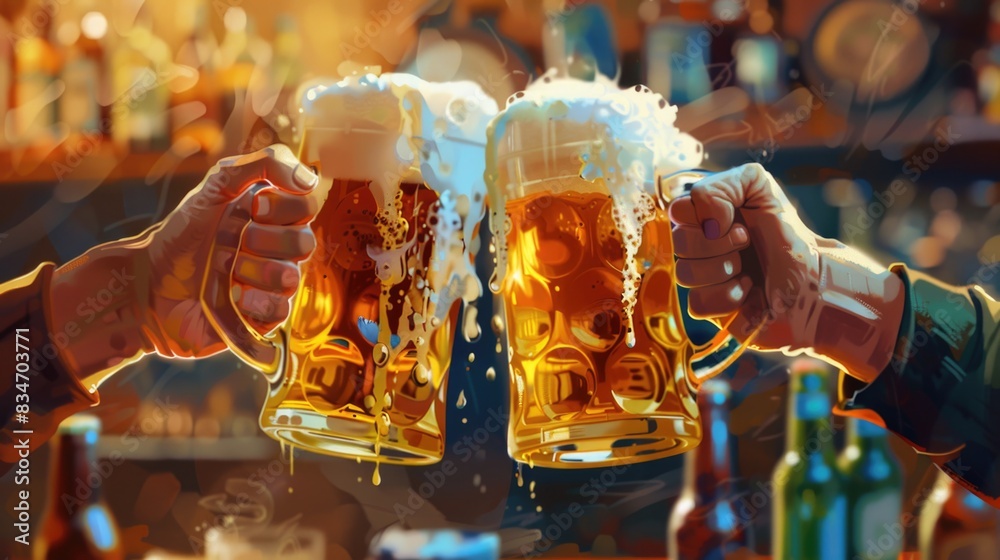Obraz premium A realistic close-up of two hands clinking beer mugs together, the frothy foam spilling slightly over the rims, with a lively background