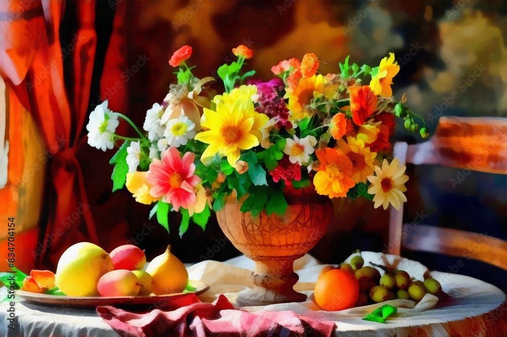 Still life image flowers in a vase and fruits, imitation oil painting.