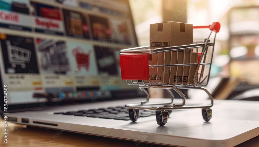 A miniature shopping cart with boxes on top of an open laptop, displaying online sales. with the concept of ecommerce and web selling services in the background. A miniature shopping cart with boxes on top of an open laptop, displaying online sales. with the concept of ecommerce and web selling services in the background.