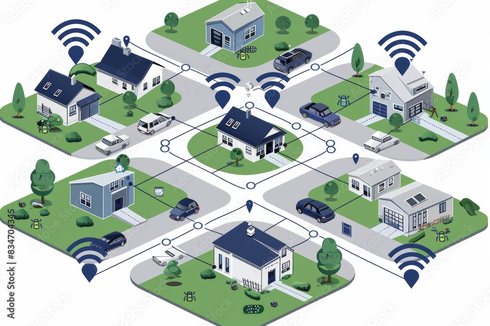Smart home community with interconnected technology and green energy solutions, promoting sustainable living. Smart home community with interconnected technology and green energy solutions, promoting sustainable living.