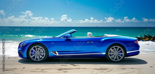 Blue luxury convertible half side view with ample copy space on beach background for high-end car advertisements