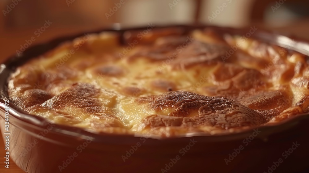A tight shot of a casserole dish on a wooden table, with the dish in focus and the background subtly blurred A tight shot of a casserole dish on a wooden table, with the dish in focus and the background subtly blurred