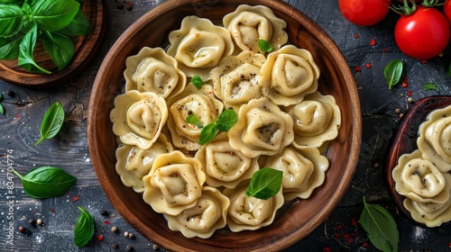  A wooden table holds a bowl of ravioli, next to two bowls of tomatoes and basil One bowl is garnished with basil leaves