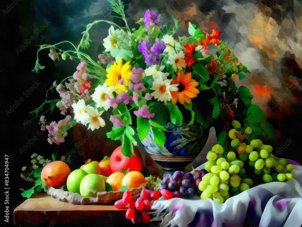 Still life image flowers in a vase and fruits, imitation oil painting. Still life image flowers in a vase and fruits, imitation oil painting.